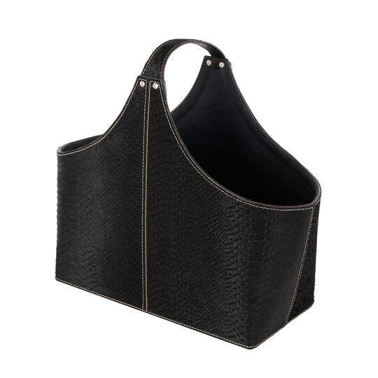 17" Black Leather Handmade Box Style Decorative Magazine Holder with Detail Stitching & Curved Buckle Handles